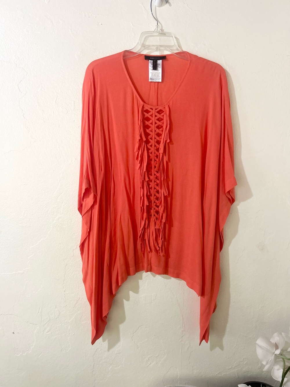 BCBGMAXAZRIA Coral Poncho Style Top Braided Tassel Front Panel